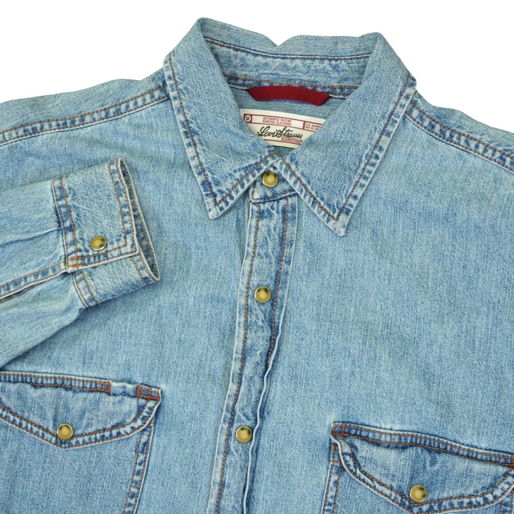 Levi Strauss Denim Snap Button Work Shirt Mens M Light Blue Long Sleeve Pocket